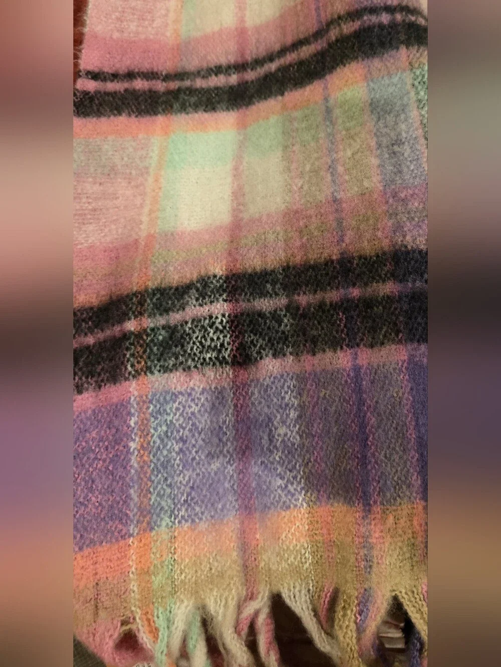 Steve Madden Plaid Fringe Scarf in Pastel Pink and Lavender NWT